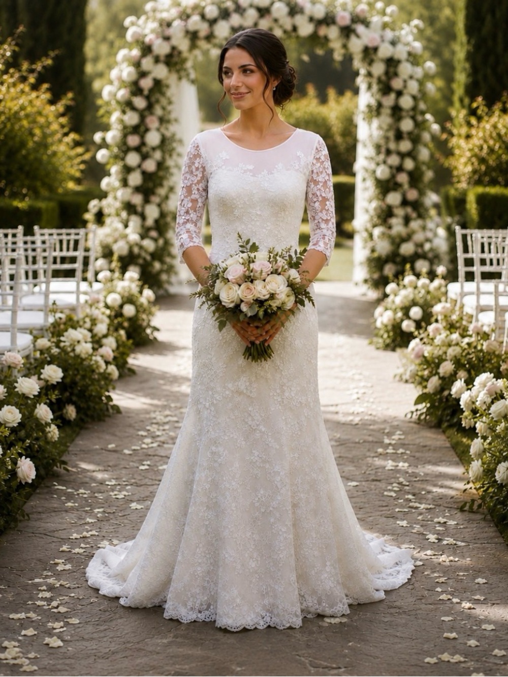 Elegant DaVinci Ivory Lace Bridal Gown with Three-Quarter Sleeves